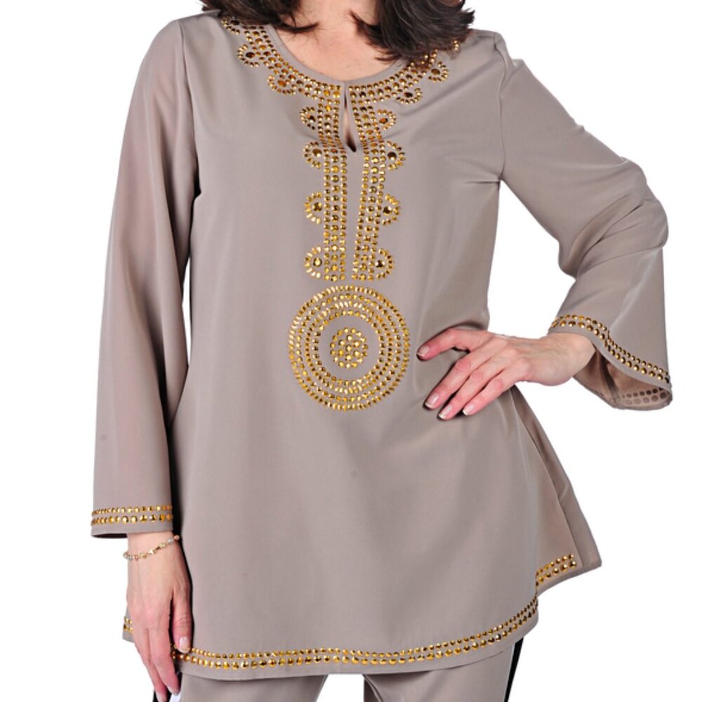 DIANE GILMAN GORGEOUS EMBELLISHED BEIGE TUNIC-TOP, SZ. S